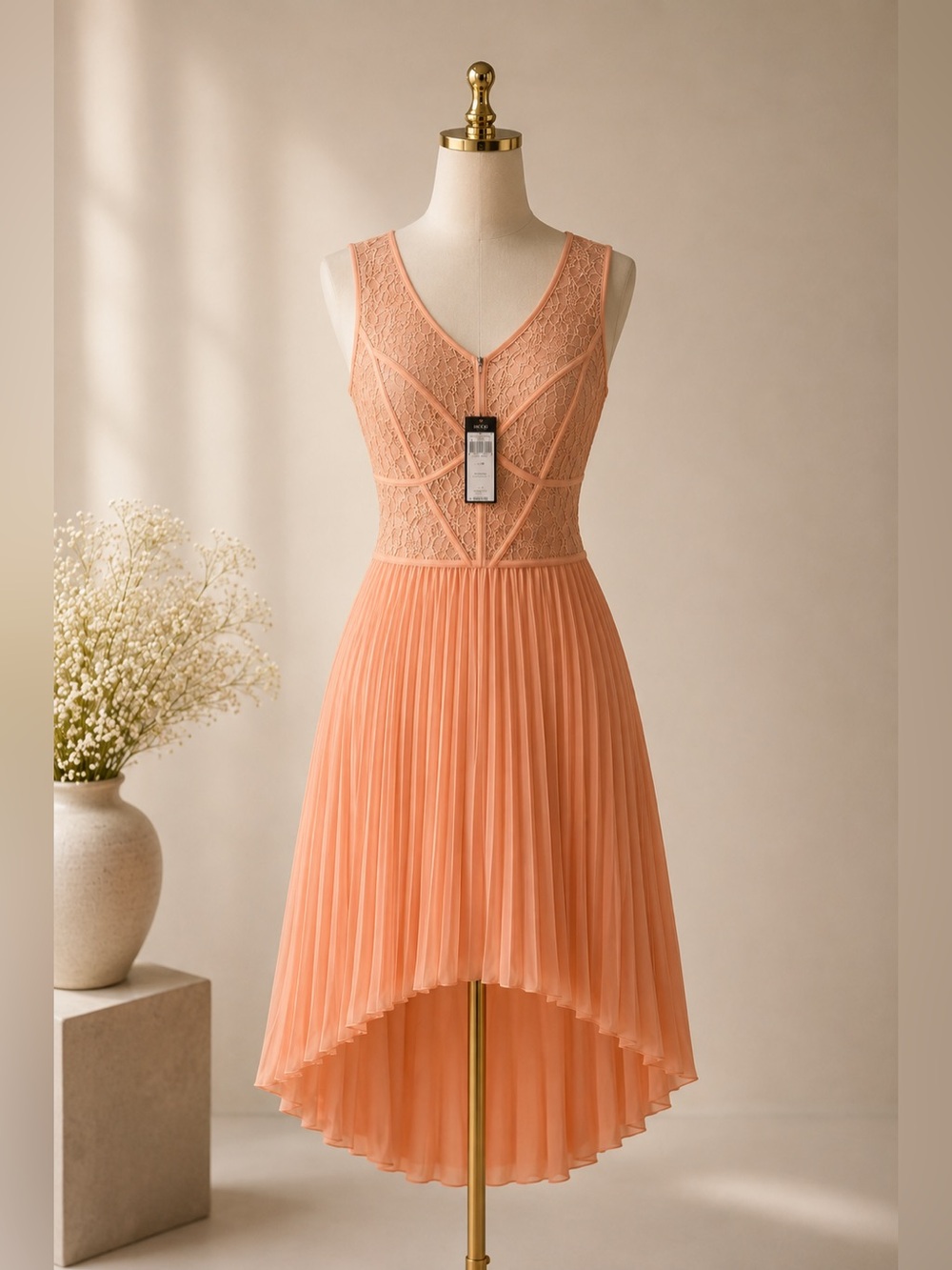 BCBG Paris Lilly Blush Lace Pleated Hi Low Dress NWT Size 10
